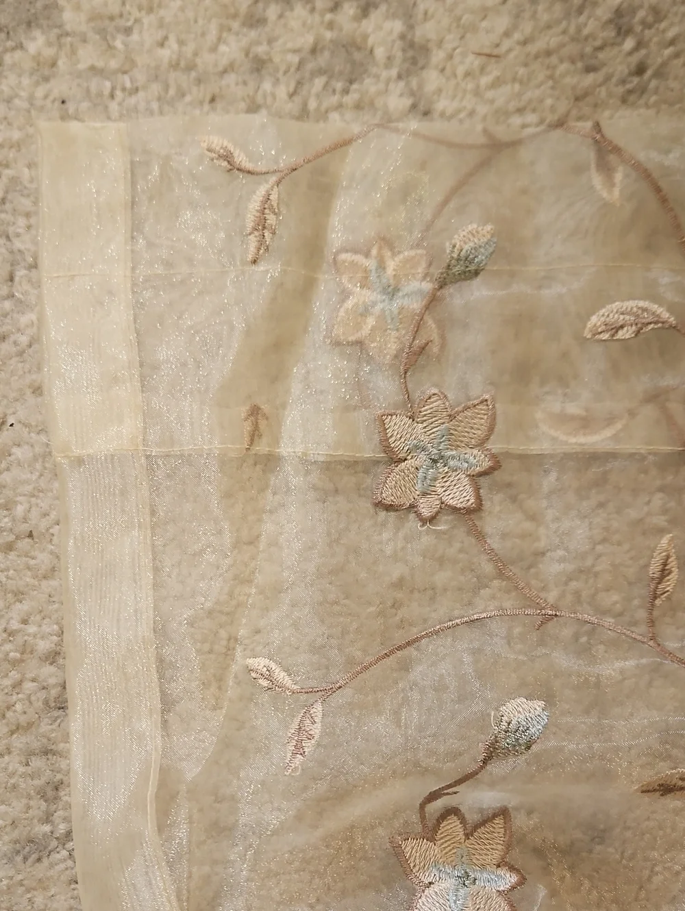 Pair Of 2 Champagne Sheer Embroidered Floral Curtain Panels  84